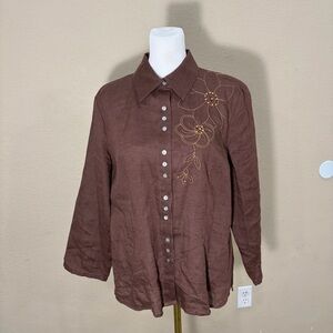 Richard Malcolm 100% Linen Button Down Brown Shirt Sz L Foral Beaded Boho Casual